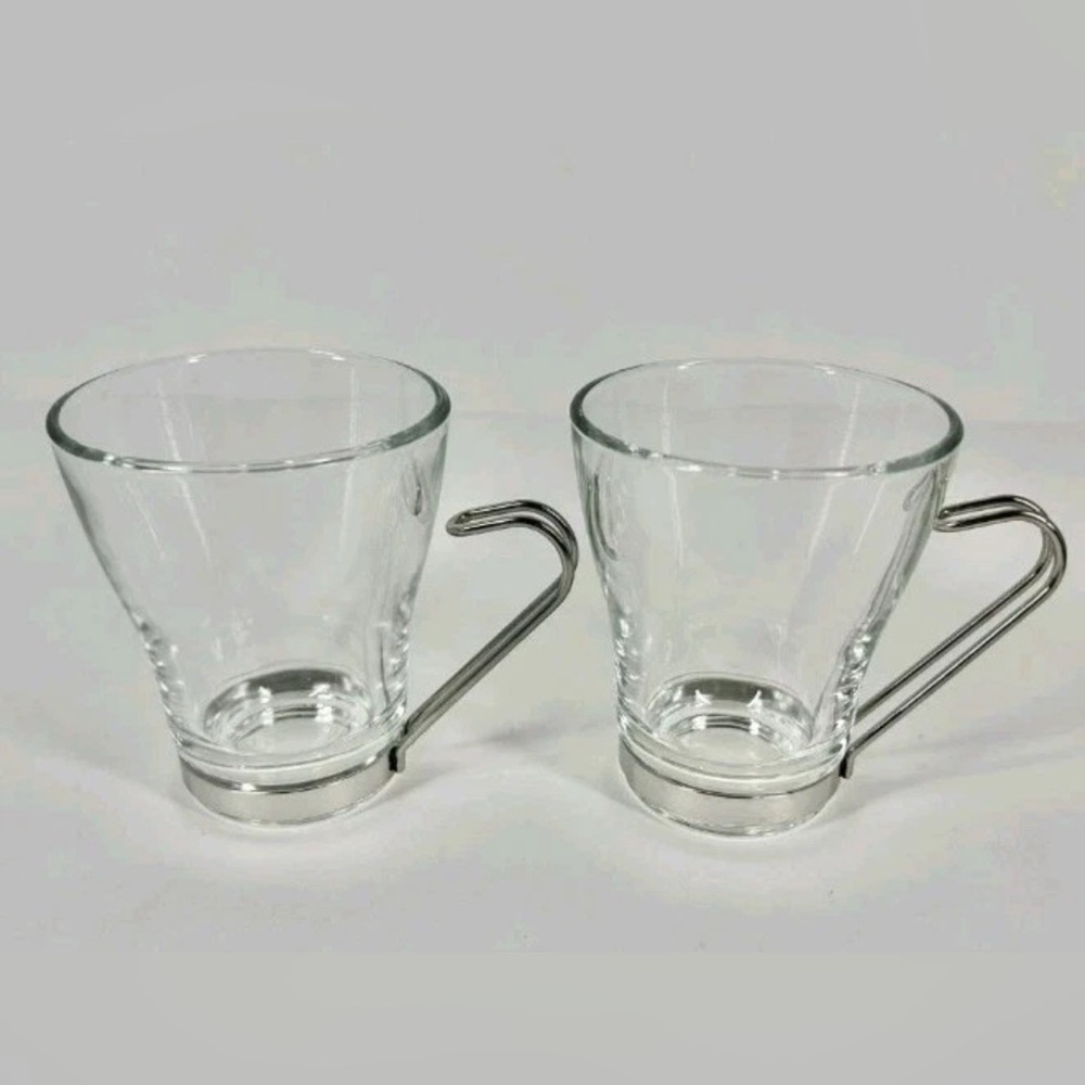 Vitrosax Italy Glass Coffee Mug Espresso Cup 8oz Stainless Steel Handle Lot of 2